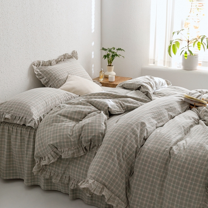 91家纺网 家纺一手货源 找家纺 忘忧草2023新款全棉色织水洗棉床裙款四件套  伯克利-绿