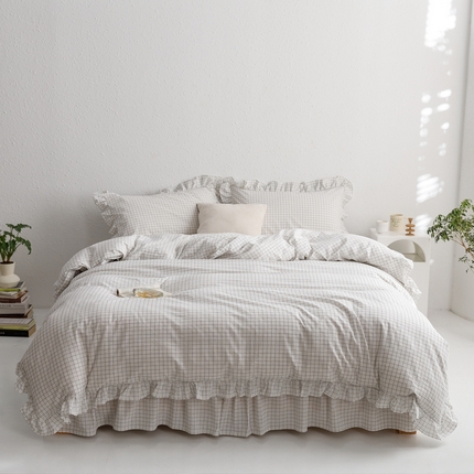 忘忧草2023新款全棉色织水洗棉床裙款四件套  格物-白