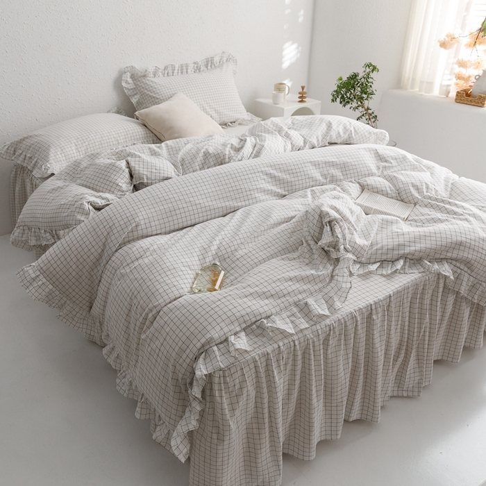 91家纺网 家纺一手货源 找家纺 忘忧草2023新款全棉色织水洗棉床裙款四件套  格物-白