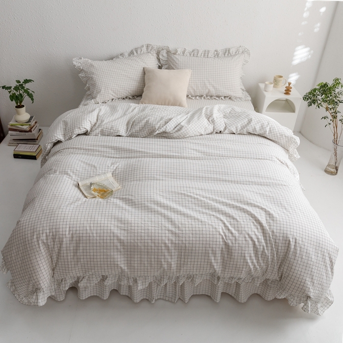 91家纺网 家纺一手货源 找家纺 忘忧草2023新款全棉色织水洗棉床裙款四件套  格物-白