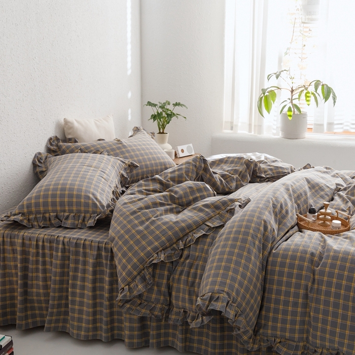 91家纺网 家纺一手货源 找家纺 忘忧草2023新款全棉色织水洗棉床裙款四件套  里昂-灰