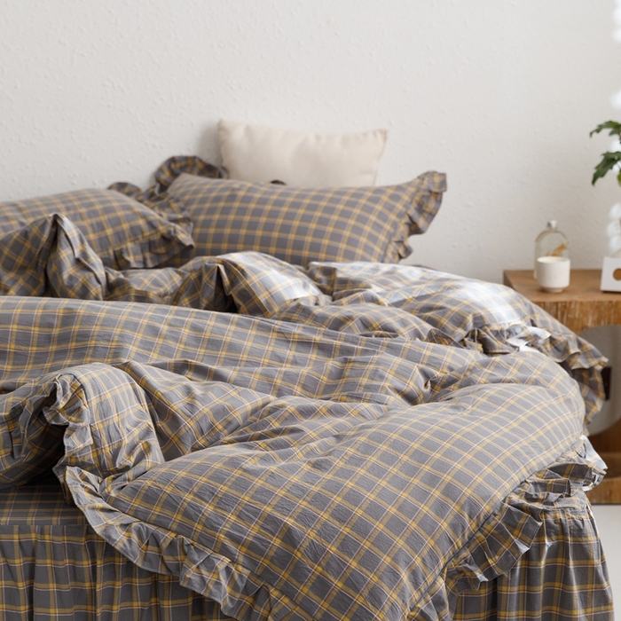 91家纺网 家纺一手货源 找家纺 忘忧草2023新款全棉色织水洗棉床裙款四件套  里昂-灰