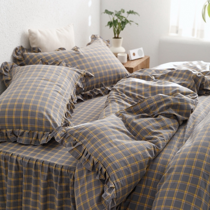 91家纺网 家纺一手货源 找家纺 忘忧草2023新款全棉色织水洗棉床裙款四件套  里昂-灰