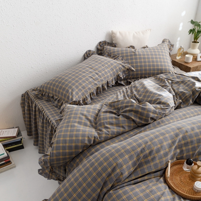 91家纺网 家纺一手货源 找家纺 忘忧草2023新款全棉色织水洗棉床裙款四件套  里昂-灰