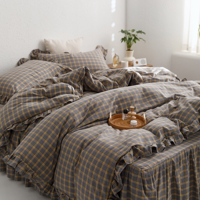 91家纺网 家纺一手货源 找家纺 忘忧草2023新款全棉色织水洗棉床裙款四件套  里昂-灰