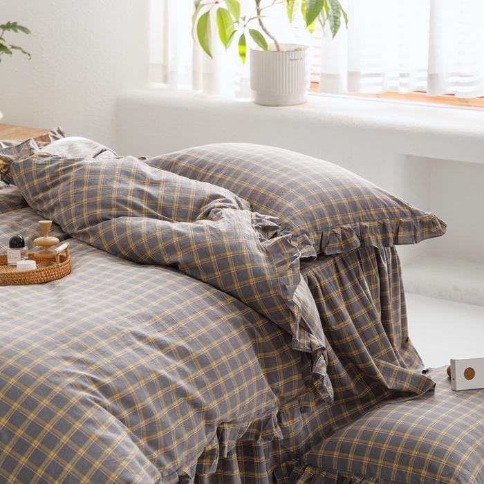 91家纺网 家纺一手货源 找家纺 忘忧草2023新款全棉色织水洗棉床裙款四件套  里昂-灰