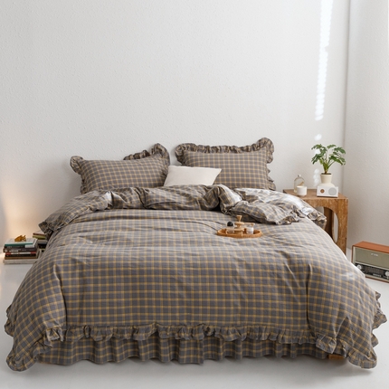 忘忧草2023新款全棉色织水洗棉床裙款四件套  里昂-灰