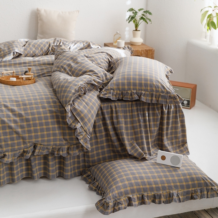 91家纺网 家纺一手货源 找家纺 忘忧草2023新款全棉色织水洗棉床裙款四件套  里昂-灰