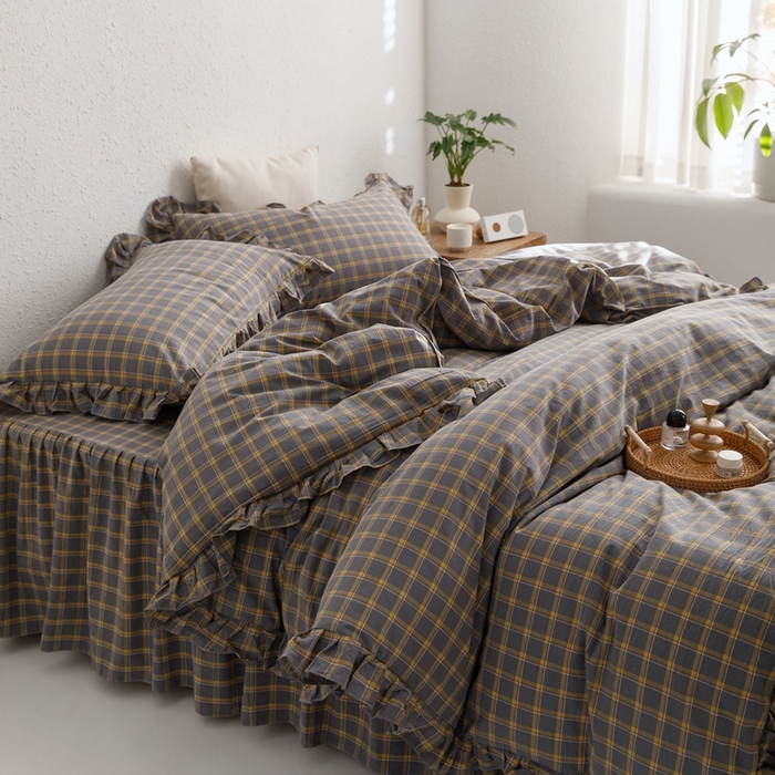 91家纺网 家纺一手货源 找家纺 忘忧草2023新款全棉色织水洗棉床裙款四件套  里昂-灰