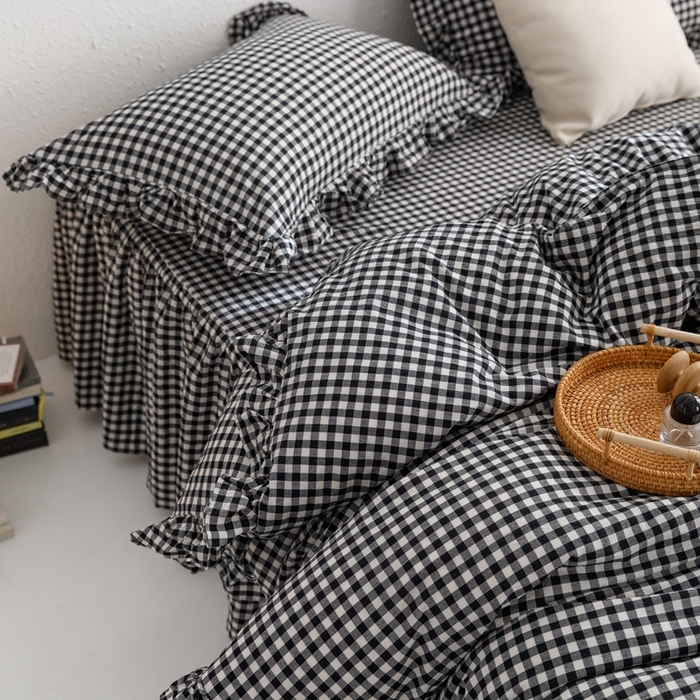 91家纺网 家纺一手货源 找家纺 忘忧草2023新款全棉色织水洗棉床裙款四件套  雅尚-黑小格