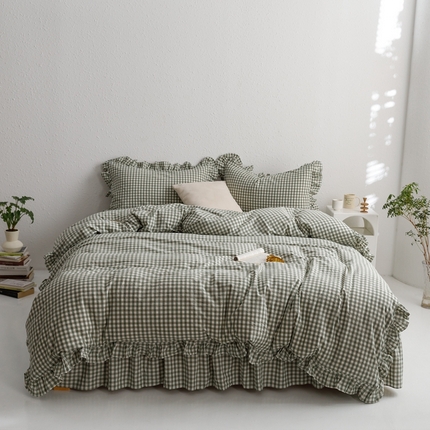 忘忧草2023新款全棉色织水洗棉床裙款四件套  雅尚-绿小格