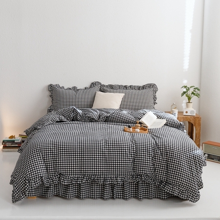 91家纺网 家纺一手货源 找家纺 忘忧草2023新款全棉色织水洗棉床裙款四件套  雅尚-黑小格