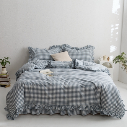 91家纺网 家纺一手货源 找家纺 忘忧草2023新款全棉色织水洗棉床裙款四件套  雅尚-蓝小格