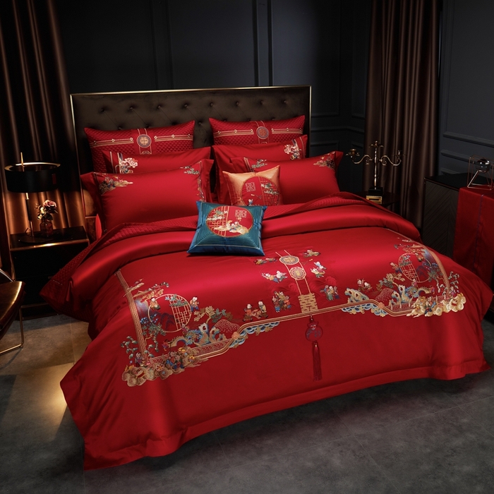 91家纺网 家纺一手货源 找家纺 缔缦2023新品婚庆四件套百子双喜 百子双喜