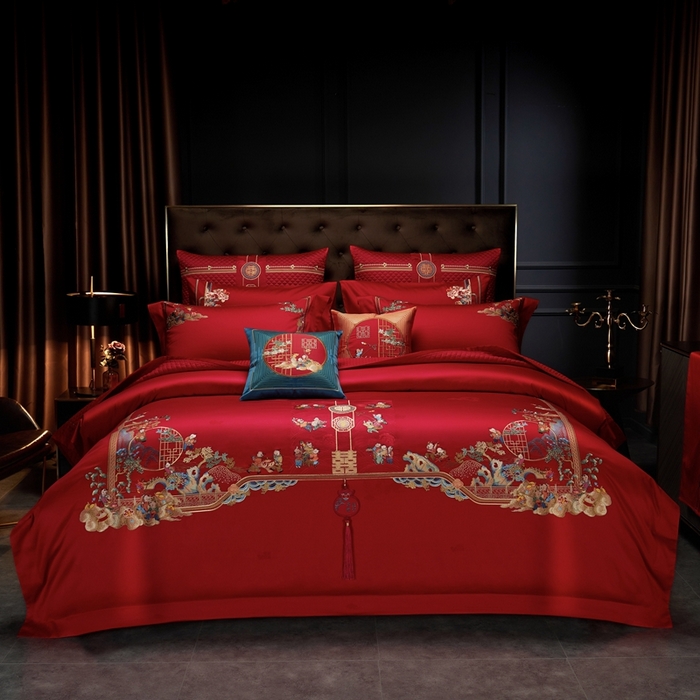 91家纺网 家纺一手货源 找家纺 缔缦2023新品婚庆四件套百子双喜 百子双喜