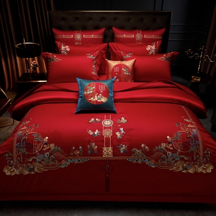 91家纺网 家纺一手货源 找家纺 缔缦2023新品婚庆四件套百子双喜 百子双喜