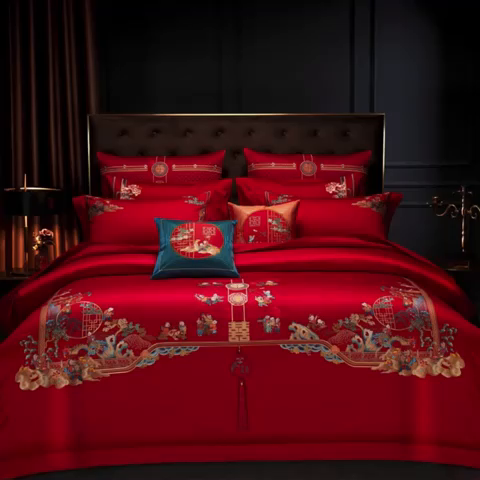 91家纺网 家纺一手货源 找家纺 缔缦2023新品婚庆四件套百子双喜 百子双喜