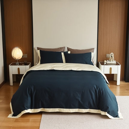 寐眠2023新款100支长绒棉纯色四件套宽边 爵士蓝-白