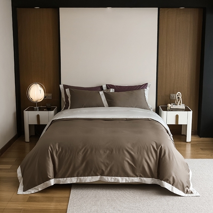 寐眠2023新款100支长绒棉纯色四件套宽边 时光棕-白