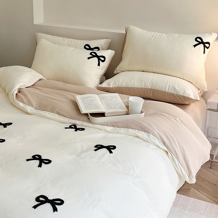 91家纺网 家纺一手货源 找家纺 雅居纺家纺 2023新款全棉A类双层纱毛巾绣四件套 蝴蝶结