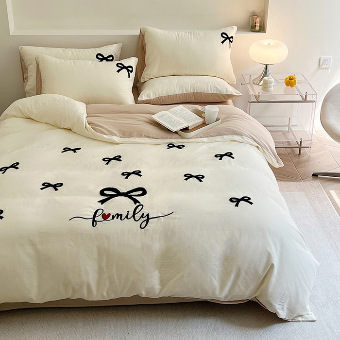 91家纺网 家纺一手货源 找家纺 雅居纺家纺 2023新款全棉A类双层纱毛巾绣四件套 蝴蝶结