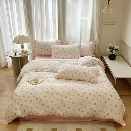 雅居纺家纺 2023新款全棉A类双层纱贝壳边四件套 粉粉郁金香
