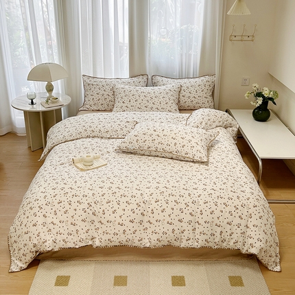 雅居纺家纺 2023新款全棉A类双层纱贝壳边四件套 花丛兔