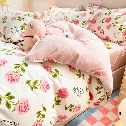 91家纺网 家纺一手货源 找家纺 （总）花伞家居 2023新款双层纱水洗棉麻一字绣小清新四件套