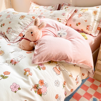 91家纺网 家纺一手货源 找家纺 花伞家居 2023新款双层纱水洗棉麻一字绣小清新四件套 听岛屿