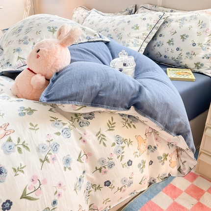 91家纺网 家纺一手货源 找家纺 花伞家居 2023新款双层纱水洗棉麻一字绣小清新四件套 次日午夜