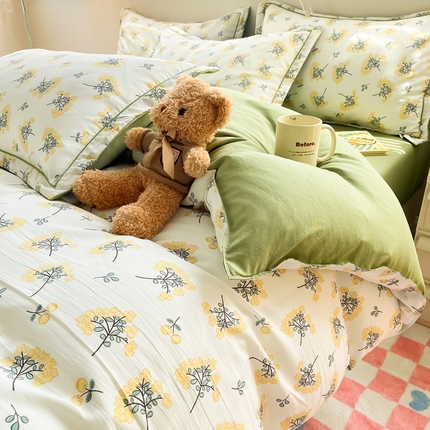 91家纺网 家纺一手货源 找家纺 花伞家居 2023新款双层纱水洗棉麻一字绣小清新四件套 花予云