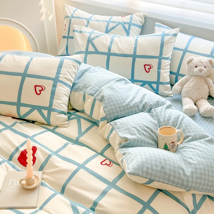 91家纺网 家纺一手货源 找家纺 顾里 2023韩系氛围全棉四件套 蓝格爱心