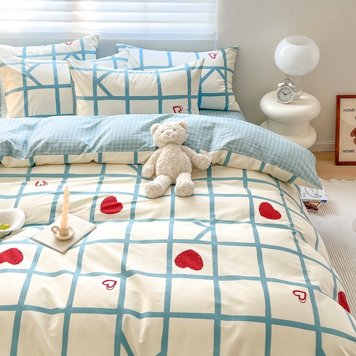 91家纺网 家纺一手货源 找家纺 顾里 2023韩系氛围全棉四件套 蓝格爱心