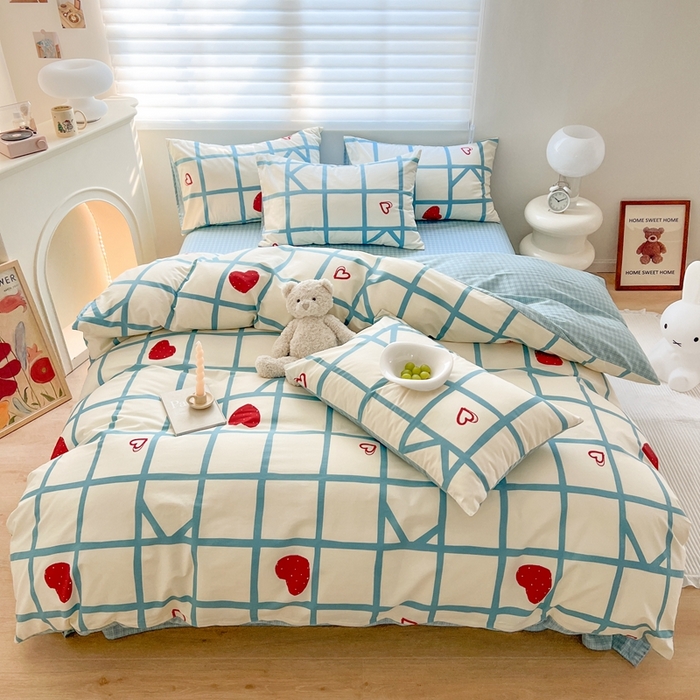 91家纺网 家纺一手货源 找家纺 顾里 2023韩系氛围全棉四件套 蓝格爱心