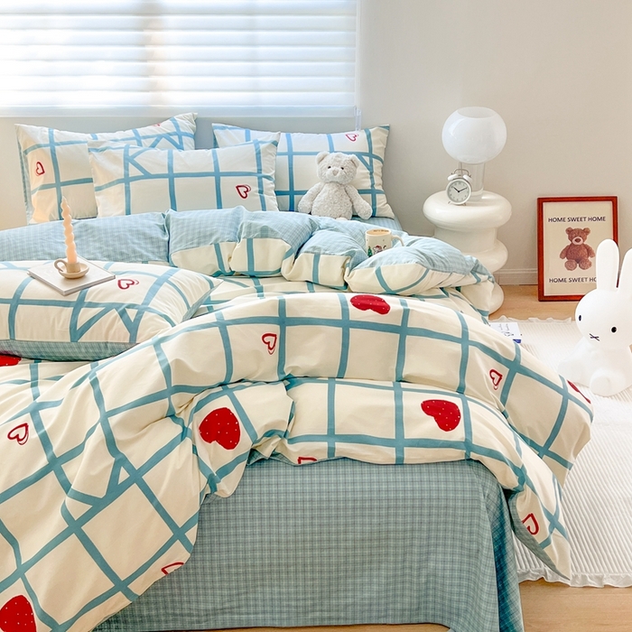 91家纺网 家纺一手货源 找家纺 顾里 2023韩系氛围全棉四件套 蓝格爱心