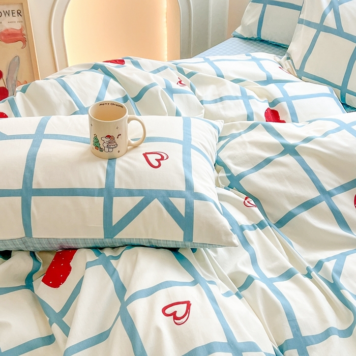 91家纺网 家纺一手货源 找家纺 顾里 2023韩系氛围全棉四件套 蓝格爱心