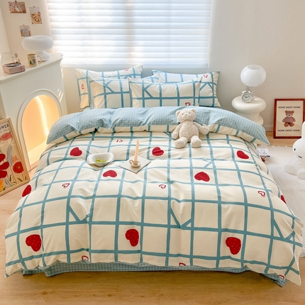 91家纺网 家纺一手货源 找家纺 顾里 2023韩系氛围全棉四件套 蓝格爱心