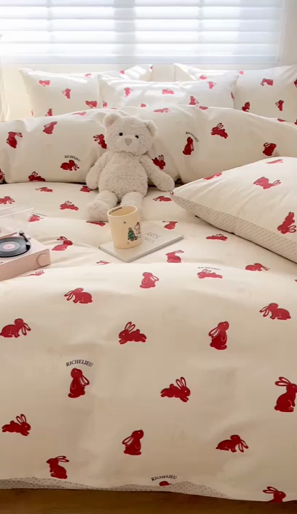 91家纺网 家纺一手货源 找家纺 顾里 2023韩系氛围全棉四件套 欢乐兔