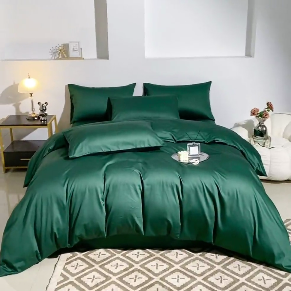 91家纺网 家纺一手货源 找家纺 晶缦家纺 2023全棉纯棉60支贡缎长绒棉纯色多规格四件套单品被套 琅夕-墨绿色