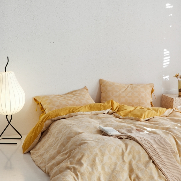 91家纺网 家纺一手货源 找家纺 （总）安莱生活 2023年新款高端双层纱栀子花色织大提花蝴蝶结工艺款四件套