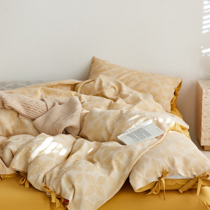 91家纺网 家纺一手货源 找家纺 （总）安莱生活 2023年新款高端双层纱栀子花色织大提花蝴蝶结工艺款四件套