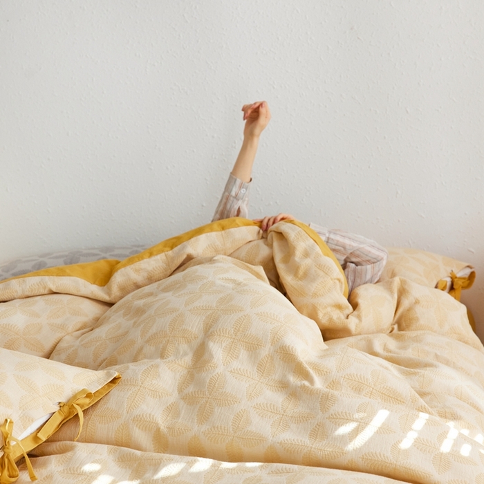 91家纺网 家纺一手货源 找家纺 安莱生活 2023年新款高端双层纱栀子花色织大提花蝴蝶结工艺款四件套 幸运草-姜黄