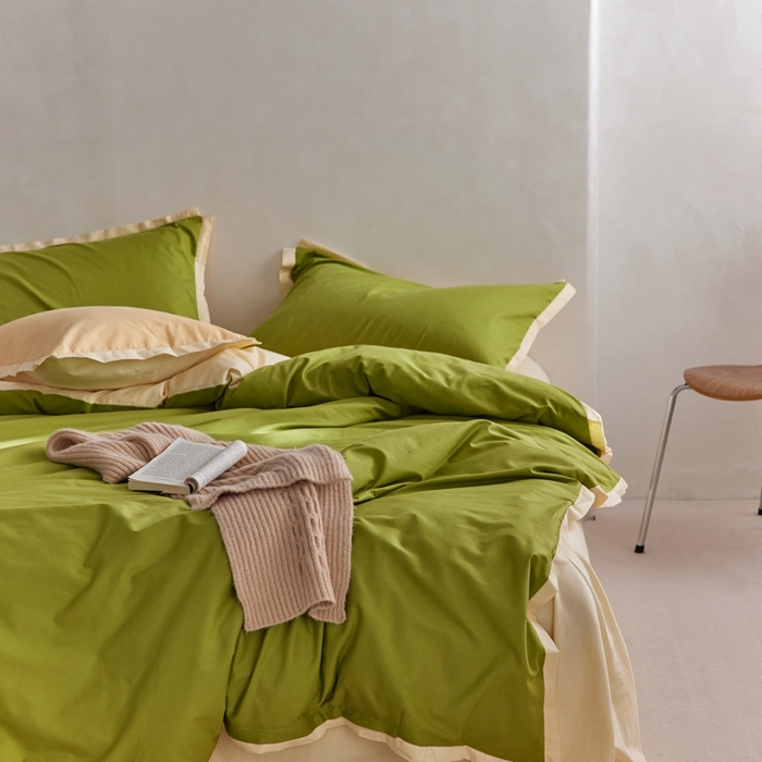 91家纺网 家纺一手货源 找家纺 安莱生活 2023新款60贡缎双拼小宽边四件套 果绿双拼奶黄