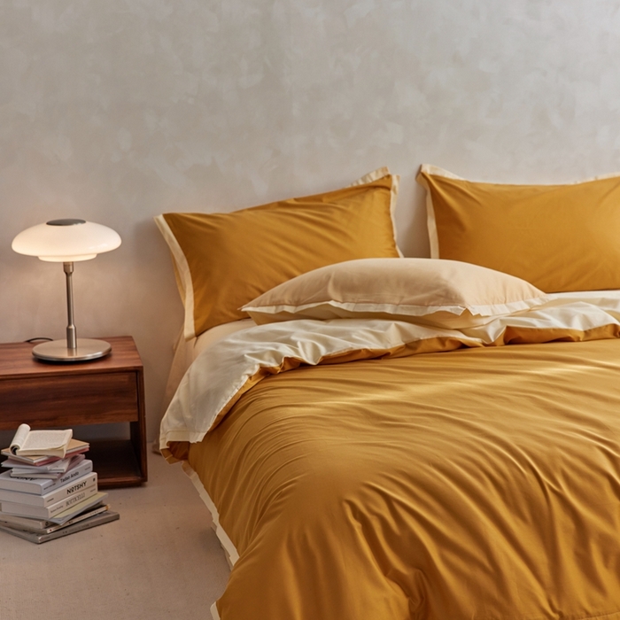 91家纺网 家纺一手货源 找家纺 安莱生活 2023新款60贡缎双拼小宽边四件套 淡茶双拼奶黄