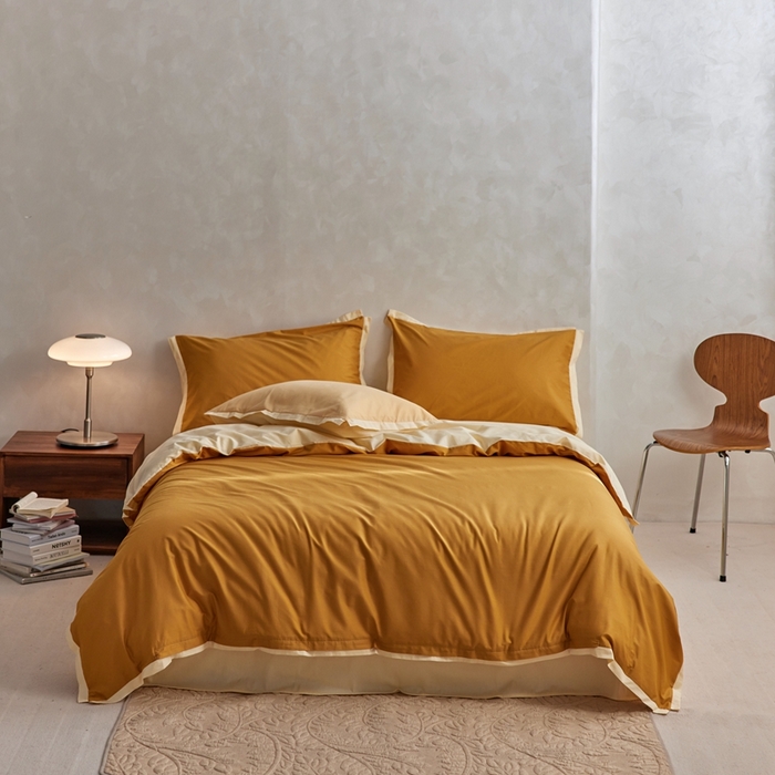 91家纺网 家纺一手货源 找家纺 安莱生活 2023新款60贡缎双拼小宽边四件套 淡茶双拼奶黄