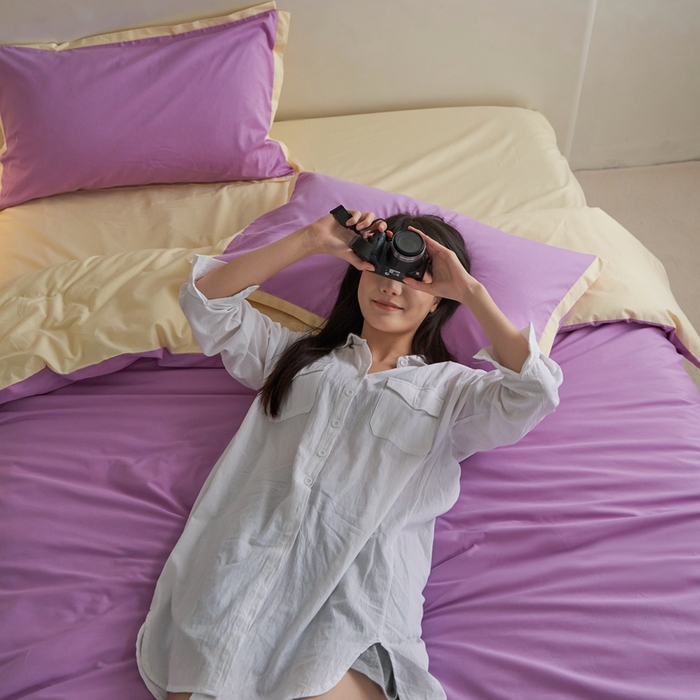 91家纺网 家纺一手货源 找家纺 安莱生活 2023新款60贡缎双拼小宽边四件套 紫嫣双拼奶黄