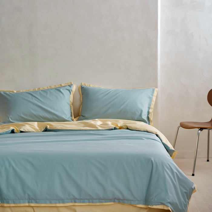 91家纺网 家纺一手货源 找家纺 安莱生活 2023新款60贡缎双拼小宽边四件套 青柠双拼奶黄