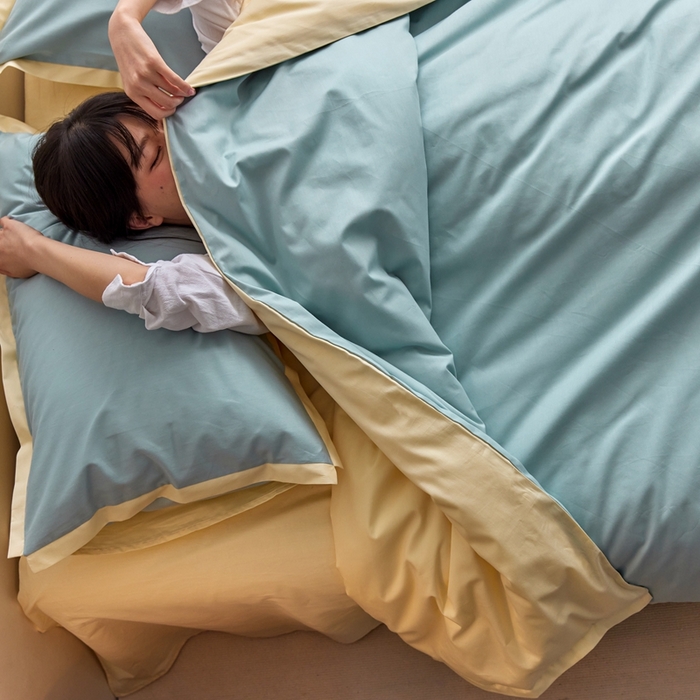 91家纺网 家纺一手货源 找家纺 安莱生活 2023新款60贡缎双拼小宽边四件套 青柠双拼奶黄