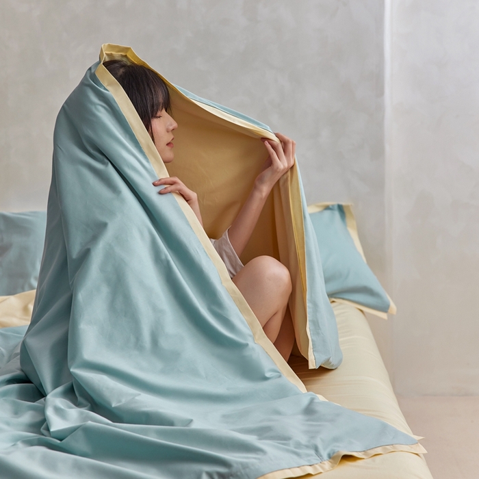 91家纺网 家纺一手货源 找家纺 安莱生活 2023新款60贡缎双拼小宽边四件套 青柠双拼奶黄