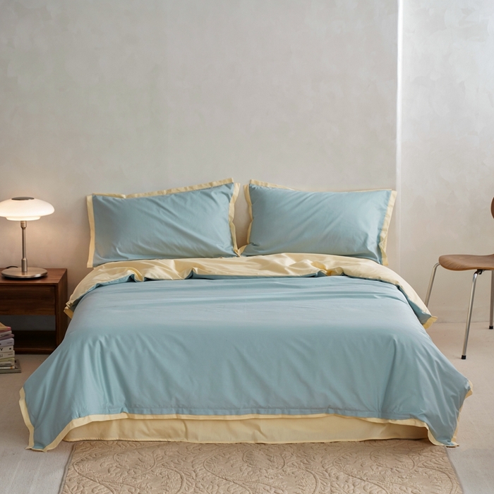 91家纺网 家纺一手货源 找家纺 安莱生活 2023新款60贡缎双拼小宽边四件套 青柠双拼奶黄